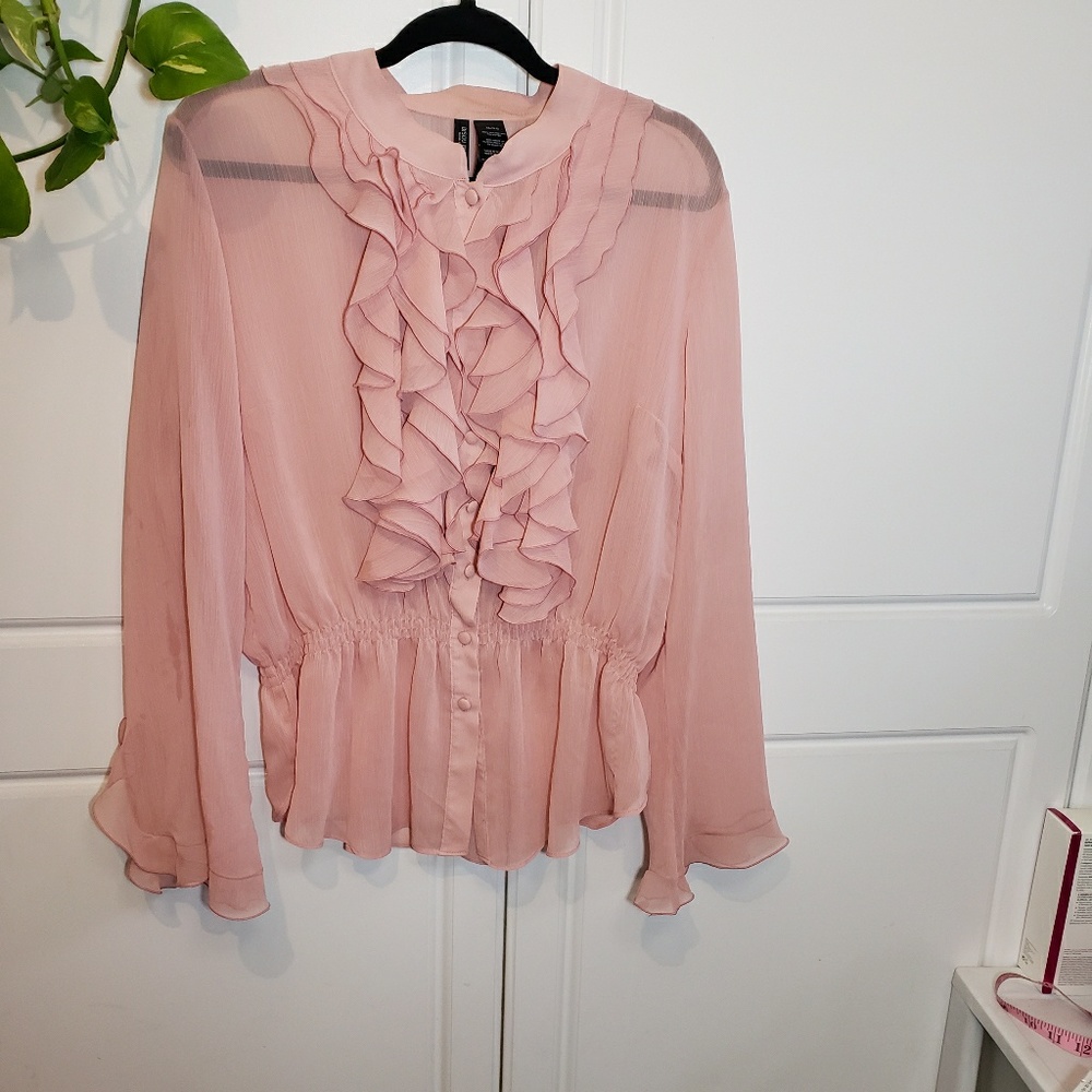 Bisou Bisou XL Sheer Baby Pink Ruffle Button Down